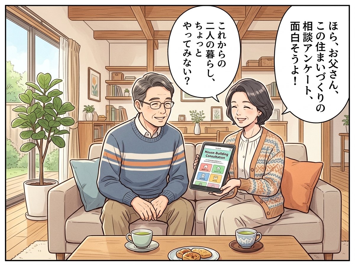 50代の妻がお茶を飲みながら夫にタブレットを見せて提案する様子