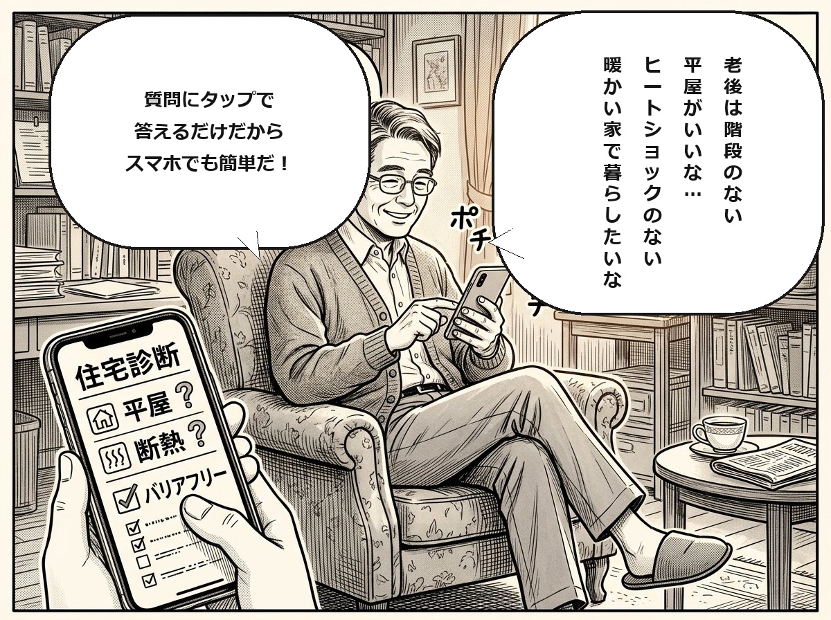 50代の夫が書斎でスマホを持って平屋や断熱の希望を真剣に入力する様子