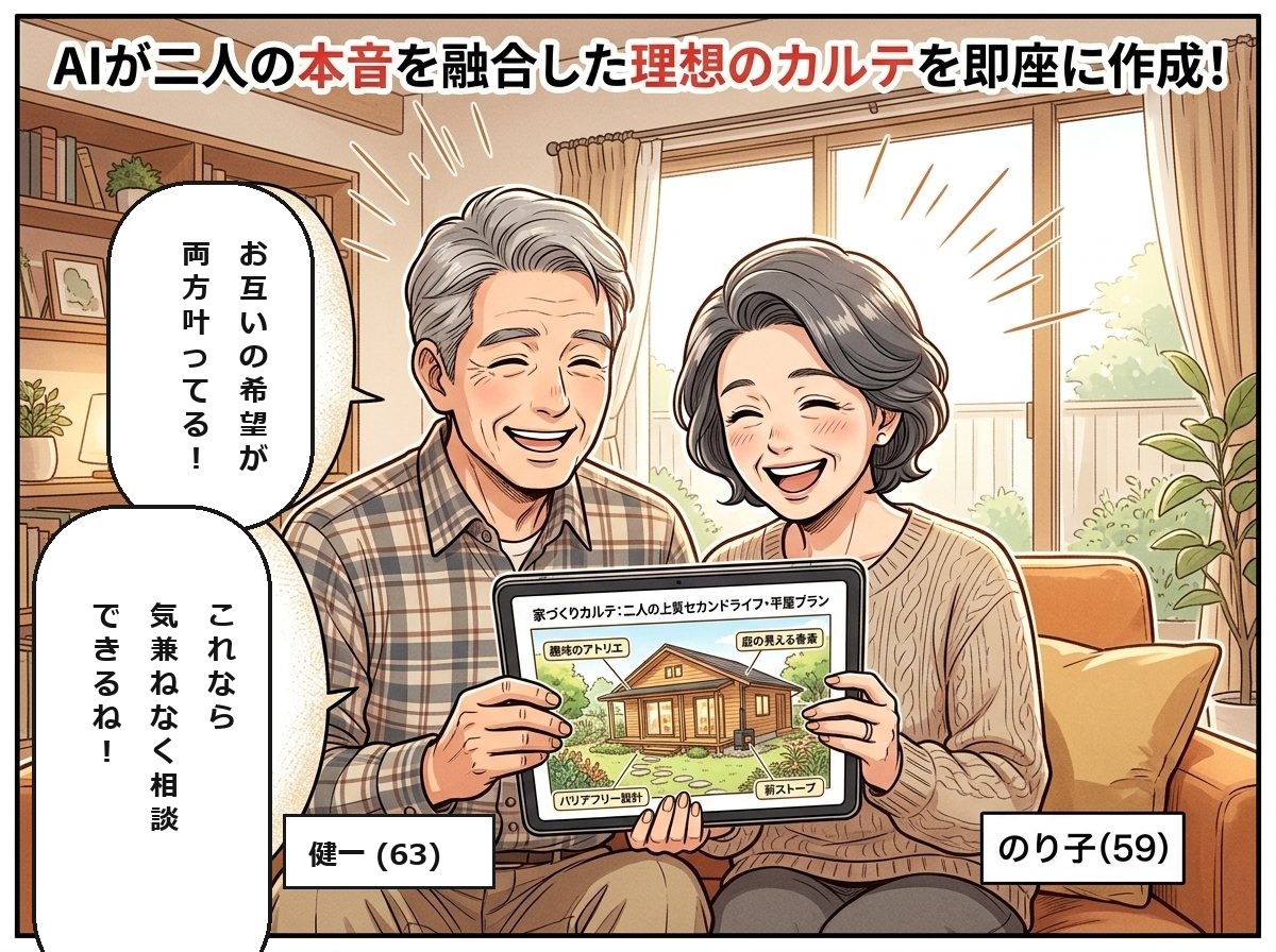 完成した家づくりカルテを見て夫婦で笑顔で喜ぶ様子