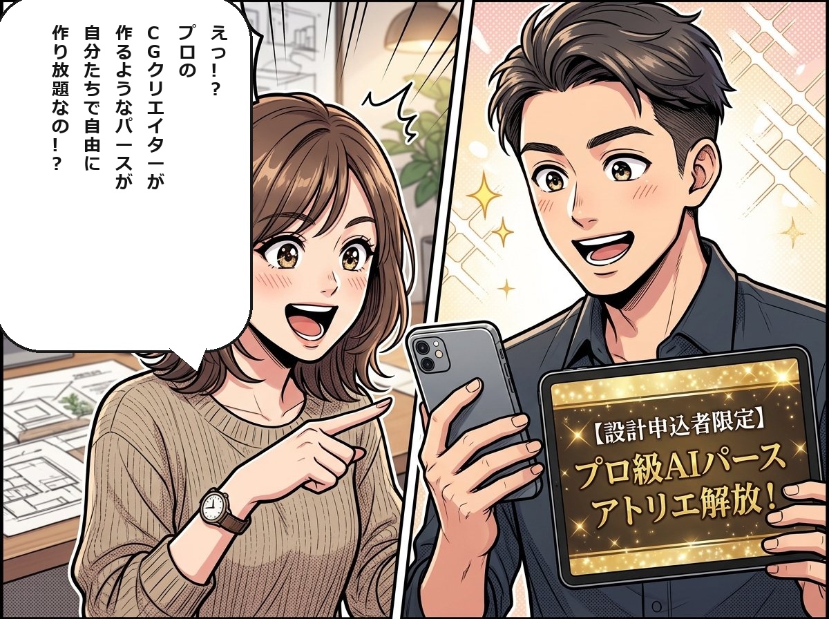 設計申込者限定でプロ級AIパースアトリエが解放されて喜ぶ夫婦