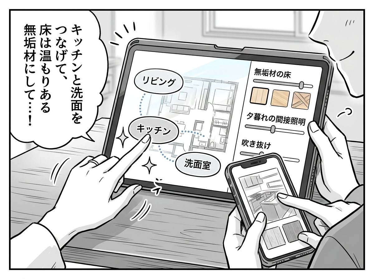 タブレットでバブルプランや無垢材の素材を指先で楽しく選択する様子