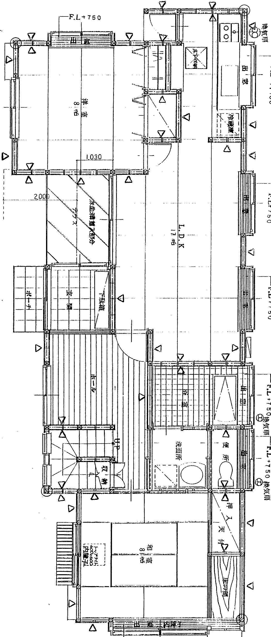 51.94坪 1F: LDK 17帖 + 洋室 8帖 + 和室 8帖 (南玄関) 1F 平面図原本