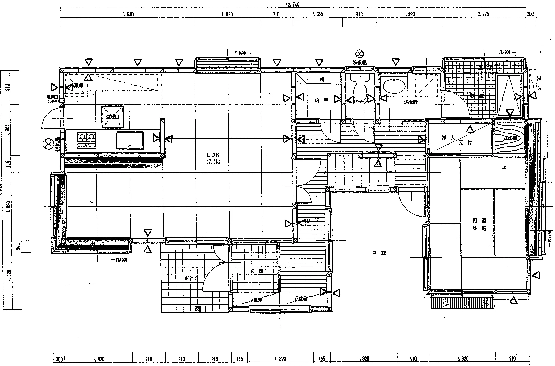 34.81坪 4LDK（和室6帖含む） (南玄関) 1F 平面図原本