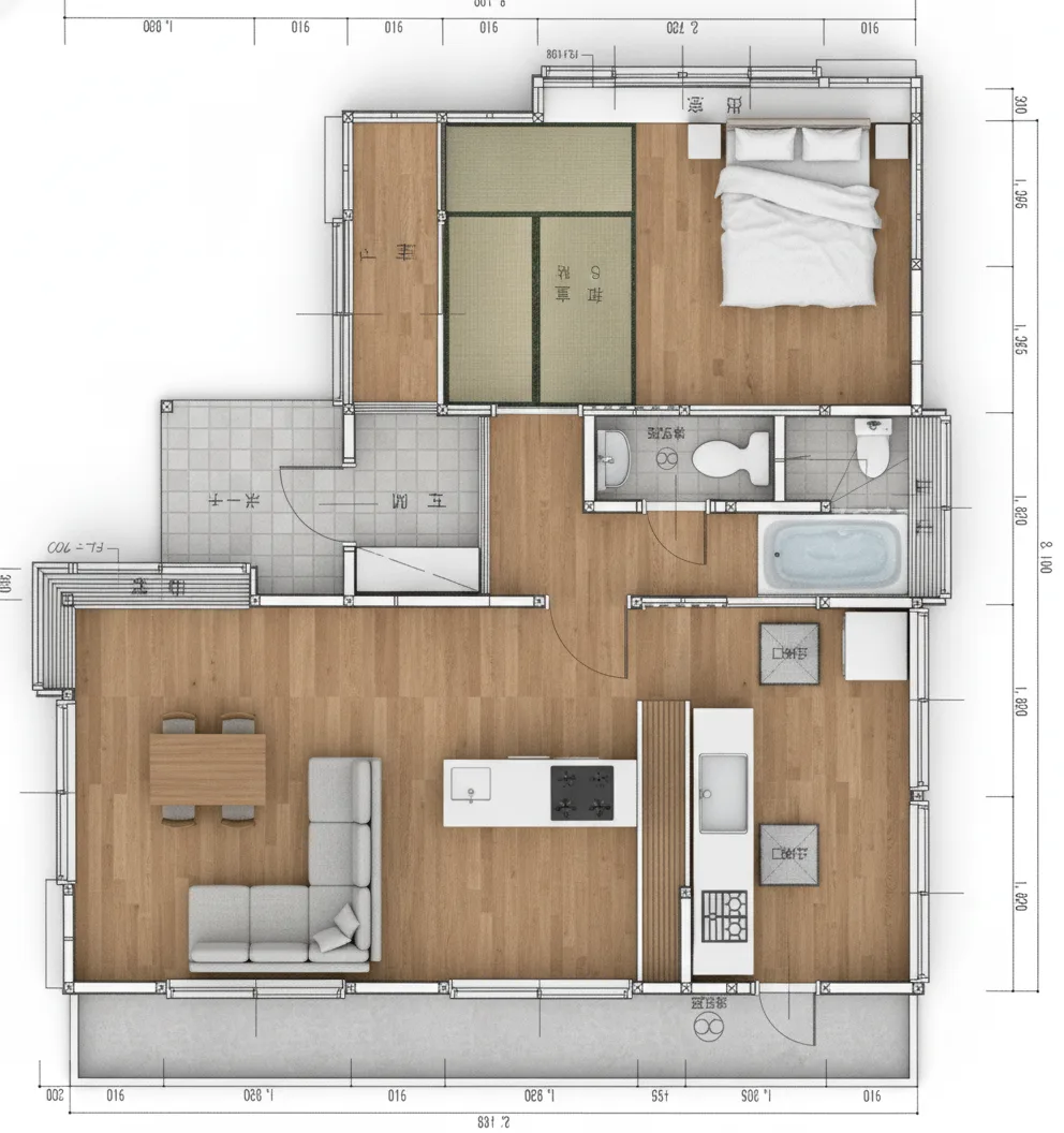 31.05坪 3LDK + 小屋裏収納 (南玄関) 3Dパース鳥瞰