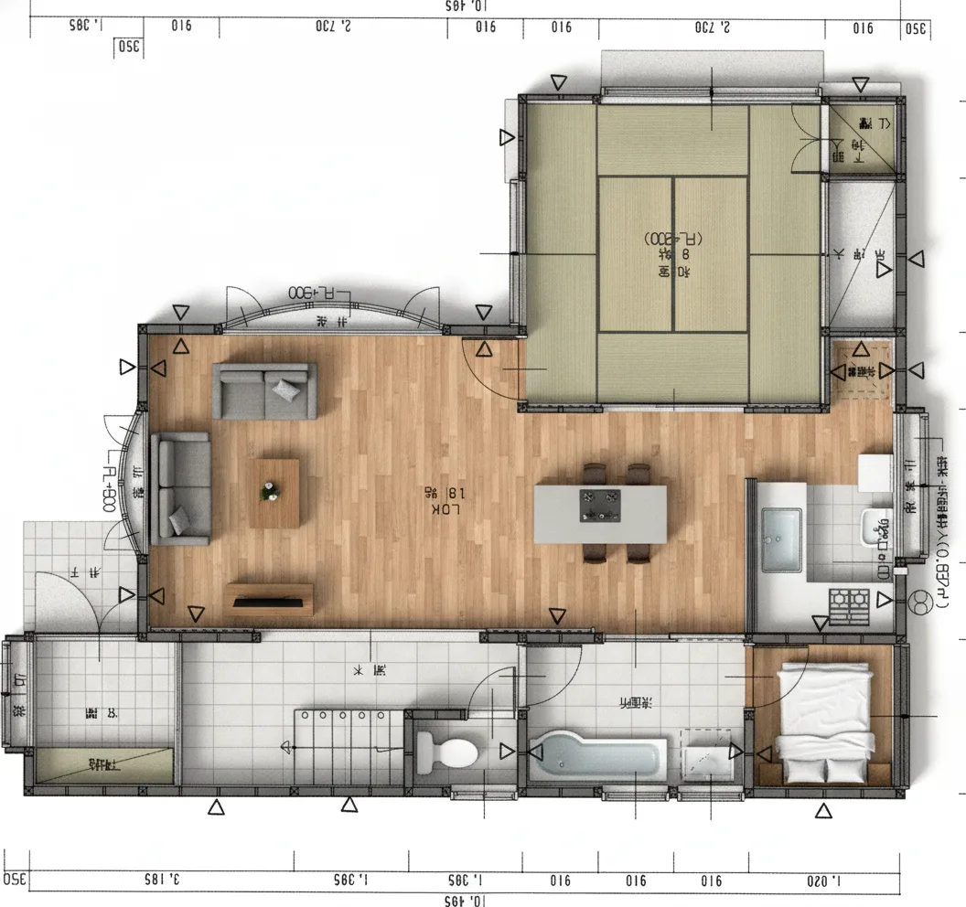 36.26坪 4LDK（和室8帖、洋室9帖、洋室6帖、洋室6帖） (南玄関) 3Dパース鳥瞰