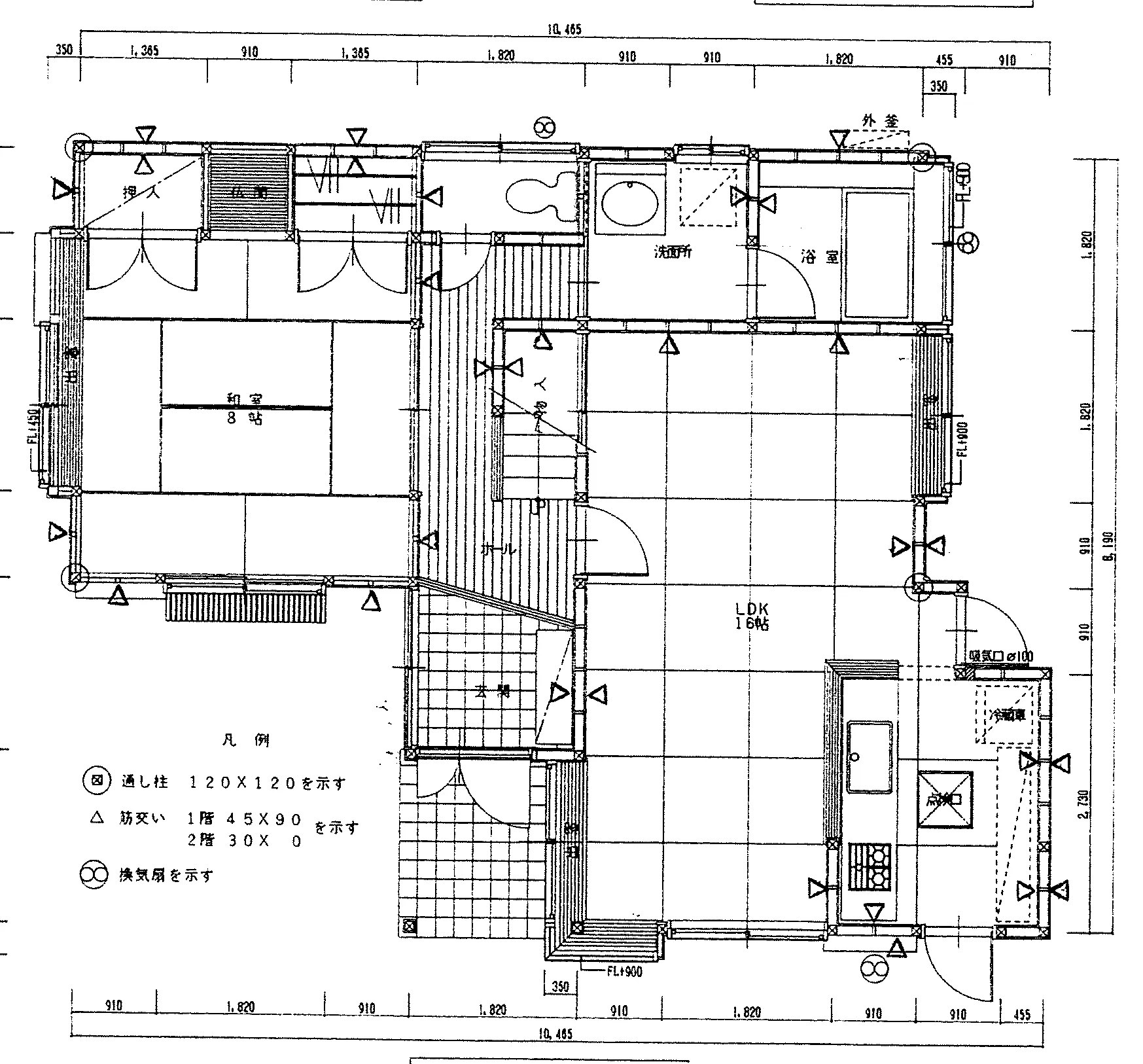30.3坪 3LDK + 納戸 + 和室8帖 (東玄関) 1F 平面図原本