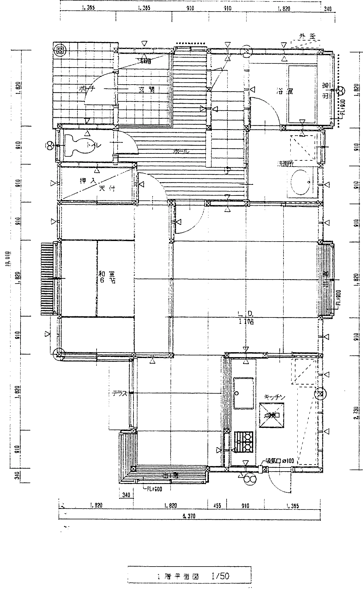 30.3坪 4LDK（和室6帖 + 洋室3室） (南玄関) 1F 平面図原本
