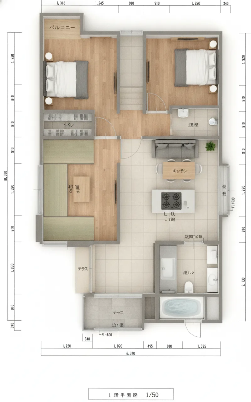 30.3坪 4LDK（和室6帖 + 洋室3室） (南玄関) 3Dパース鳥瞰
