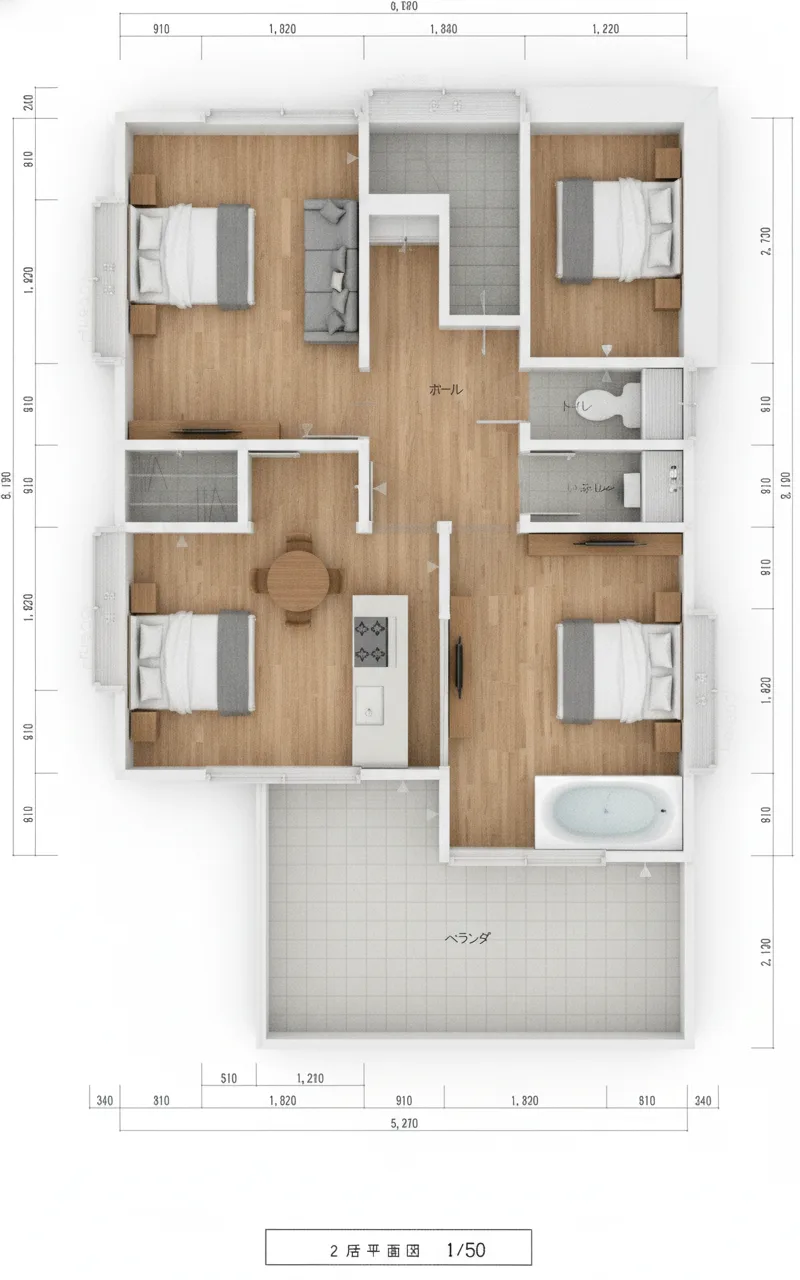 30.3坪 4LDK（和室6帖 + 洋室3室） (南玄関) 2F 3Dパース鳥瞰