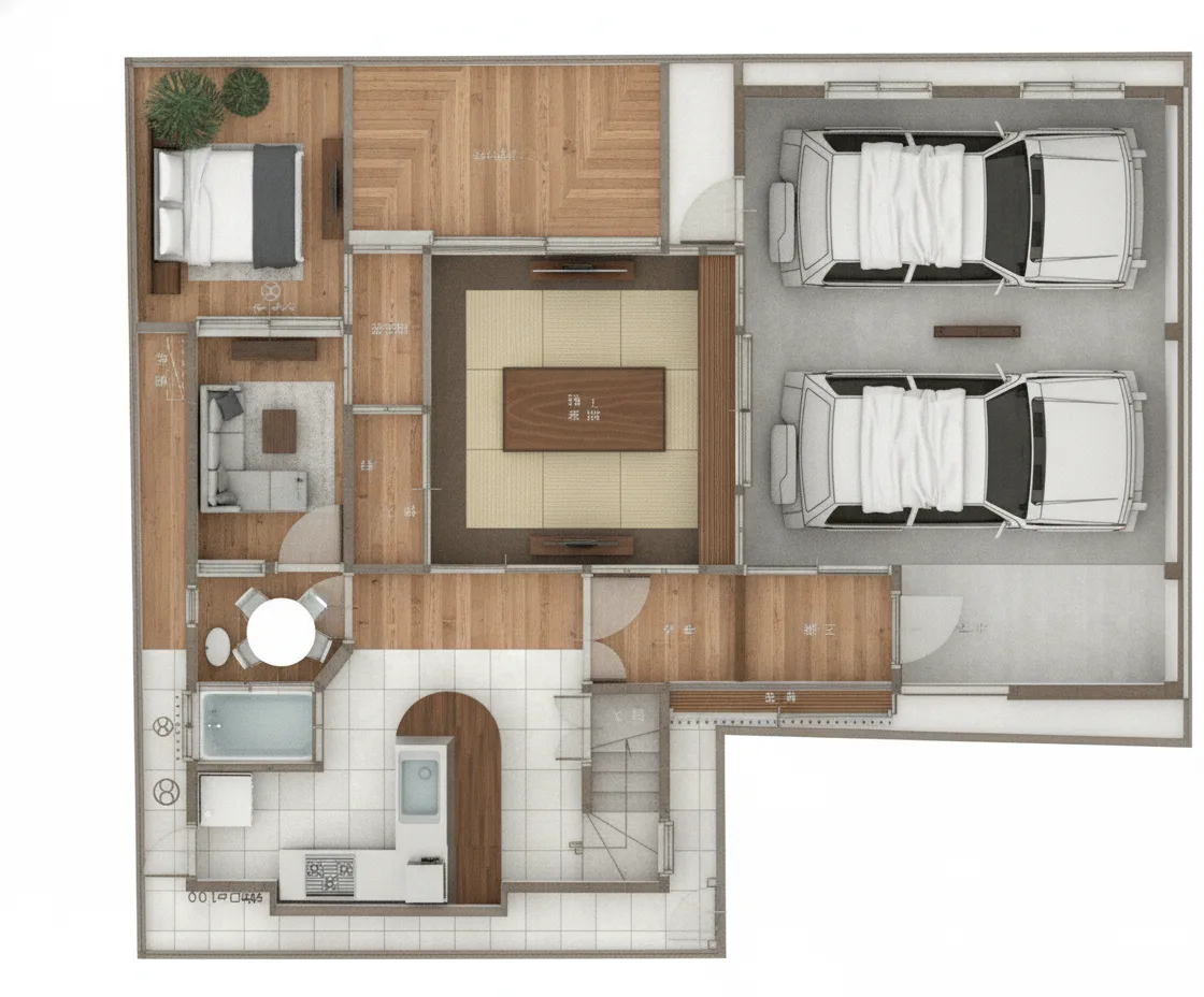 40.95坪 3LDK + 和室8帖 + フリースペース + 小屋裏収納 (西玄関) 3Dパース鳥瞰