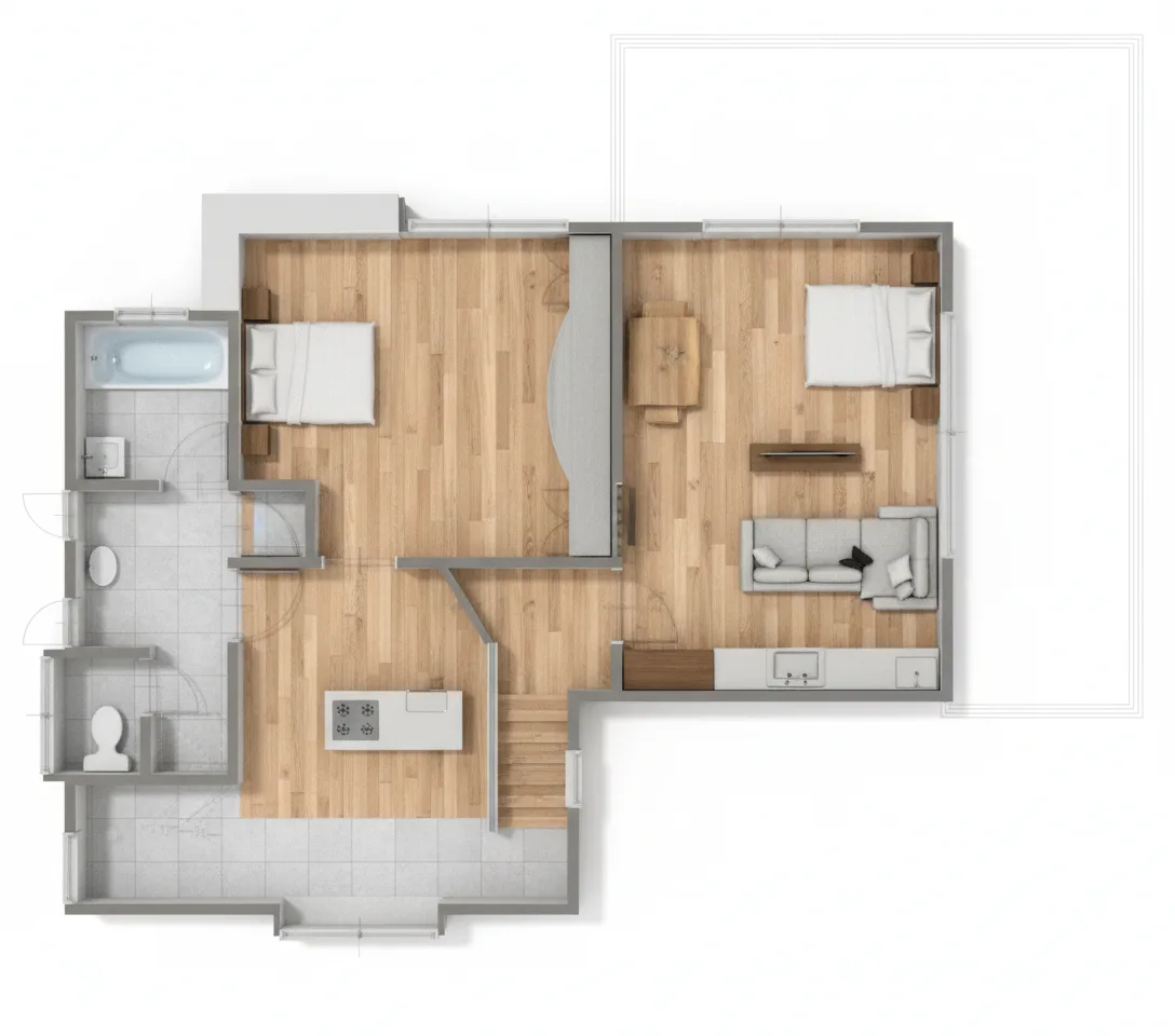 40.95坪 3LDK + 和室8帖 + フリースペース + 小屋裏収納 (西玄関) 2F 3Dパース鳥瞰