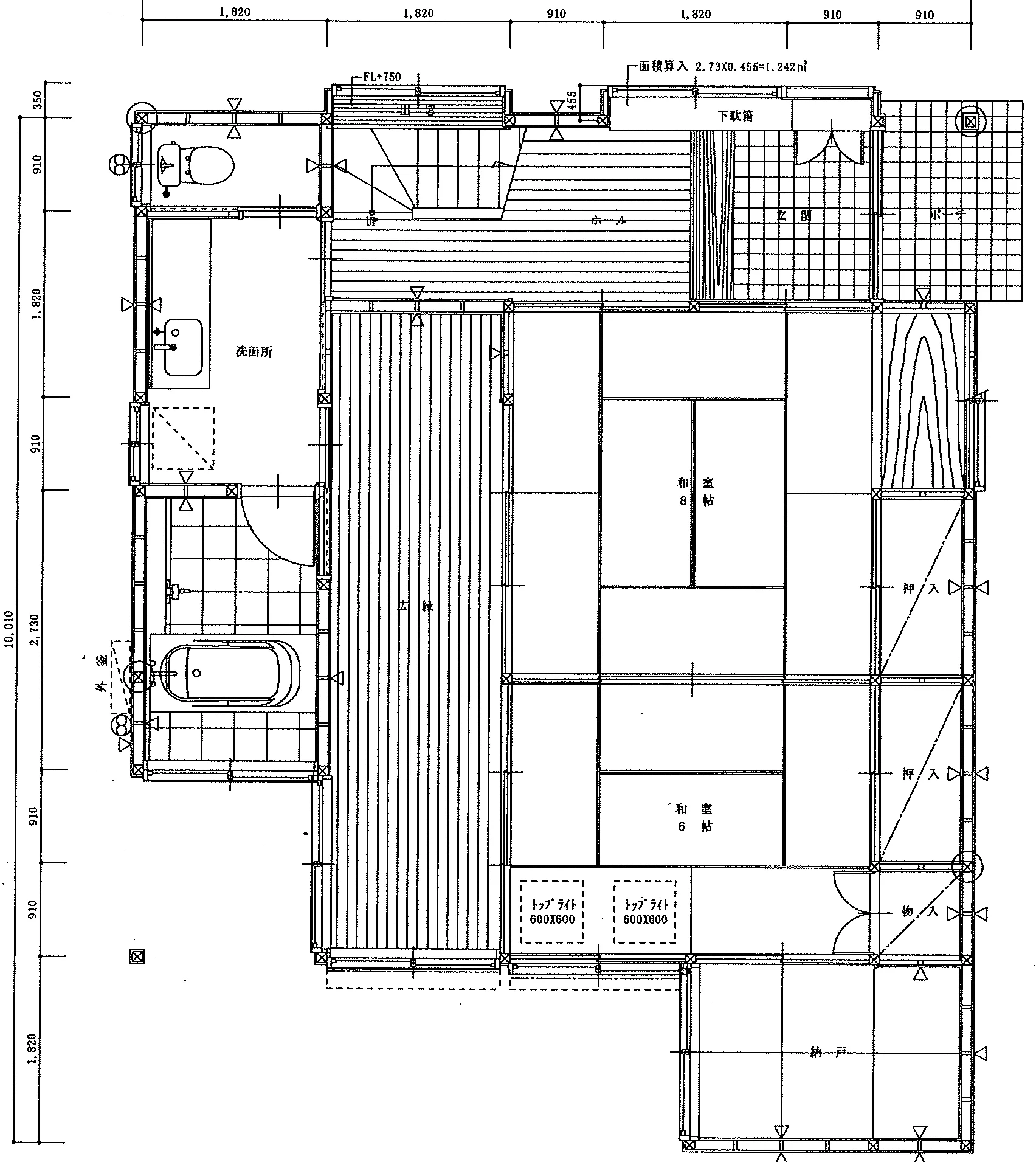 36.19坪 3LDK + 小屋裏収納 (北玄関) 1F 平面図原本