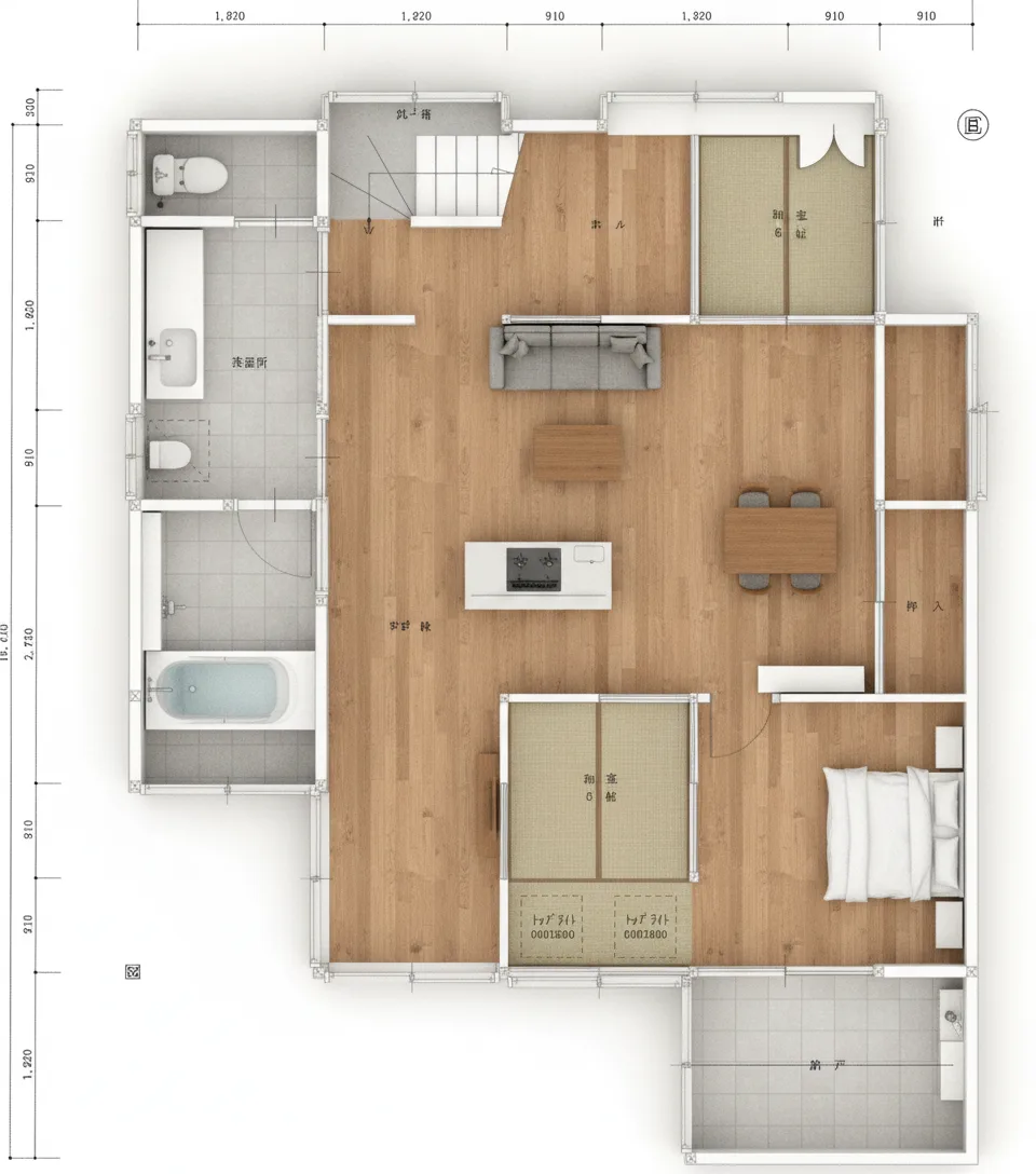 36.19坪 3LDK + 小屋裏収納 (北玄関) 3Dパース鳥瞰