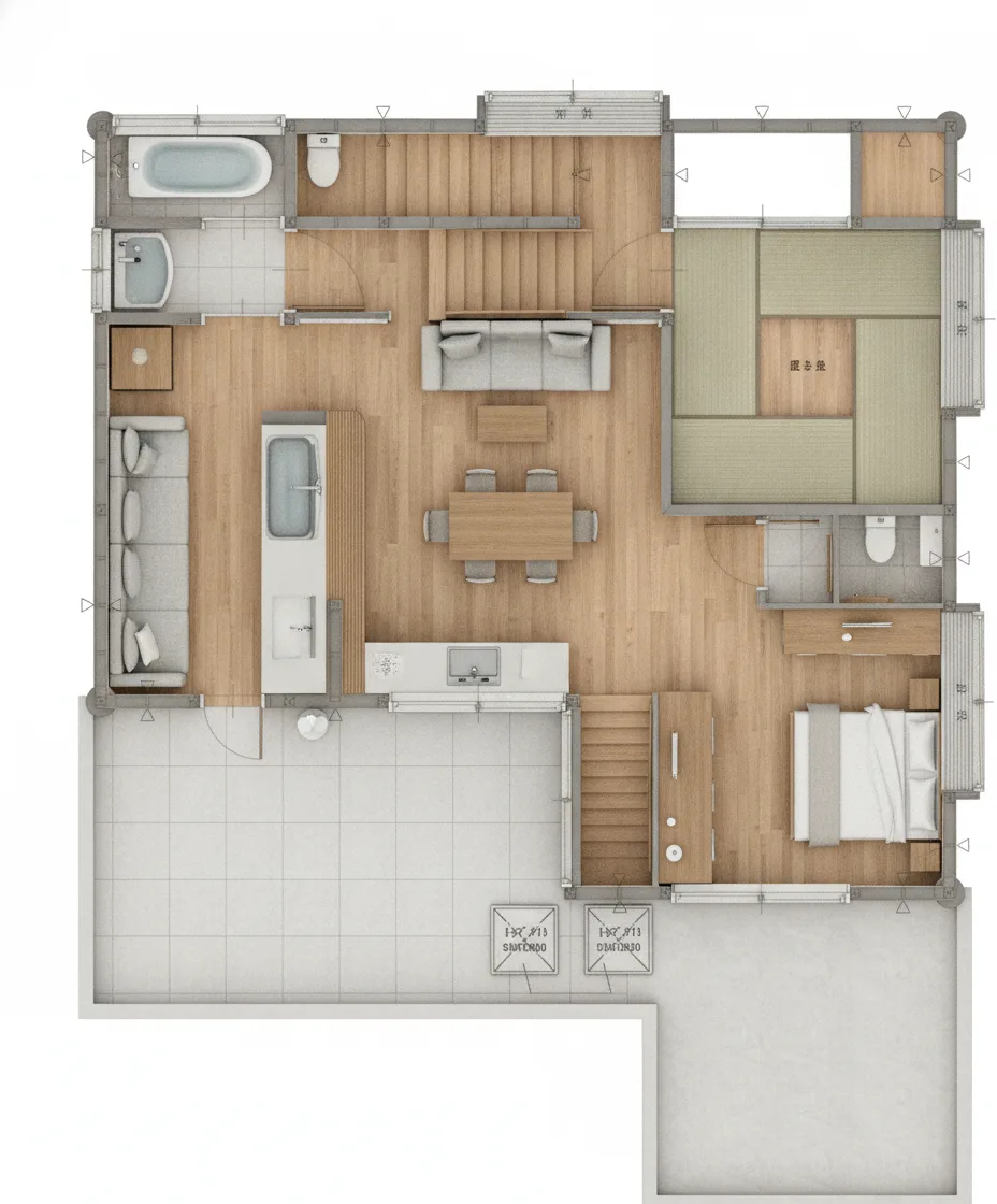 36.19坪 3LDK + 小屋裏収納 (北玄関) 2F 3Dパース鳥瞰