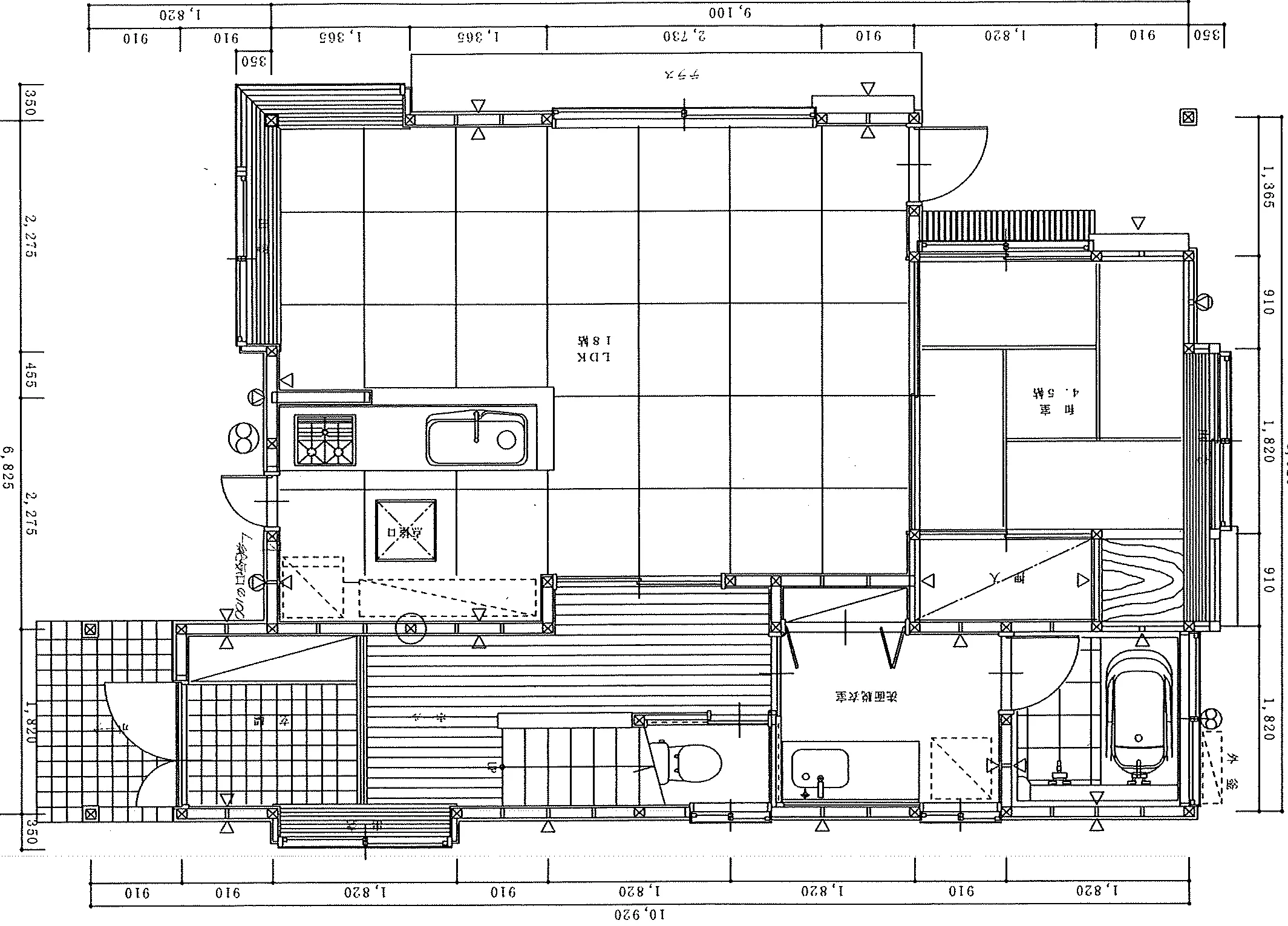 30.43坪 3LDK（LDK 18帖、和室 4.5帖、洋室 7.5帖×2） (東玄関) 1F 平面図原本