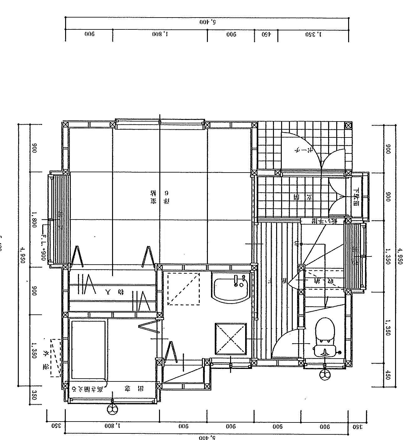 26.22坪 3LDK（洋室6帖 + 洋室7.5帖 + 洋室5帖 + LDK） (南玄関) 1F 平面図原本