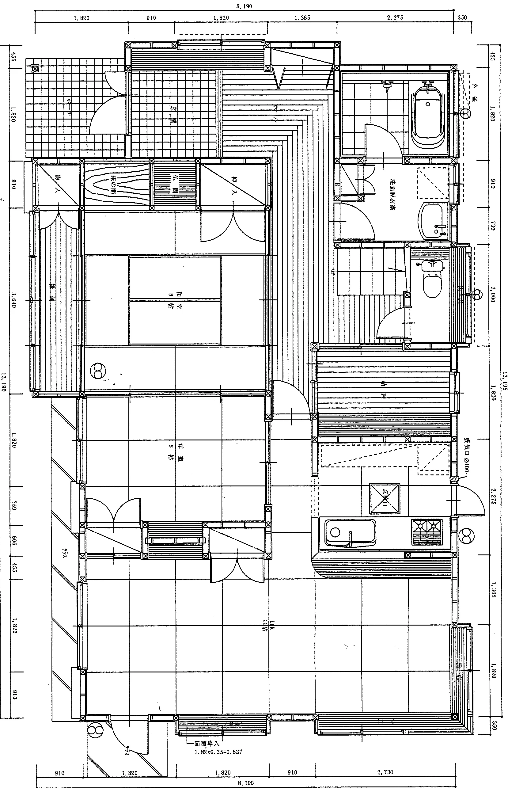 43.59坪 1F: LDK + 和室8帖 + 洋室5帖 (西玄関) 1F 平面図原本