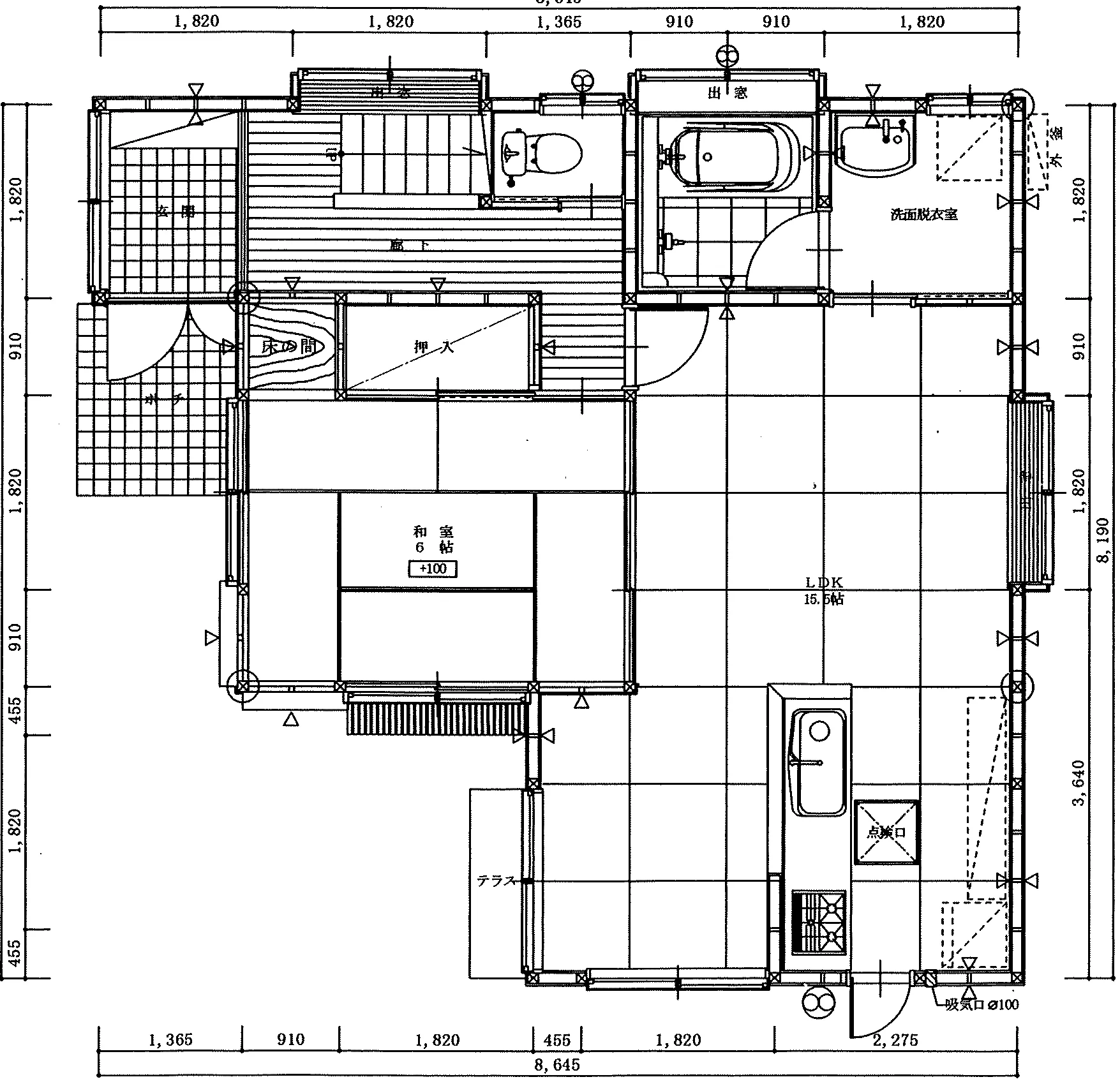 30.05坪 3LDK + 和室6帖 (北玄関) 1F 平面図原本