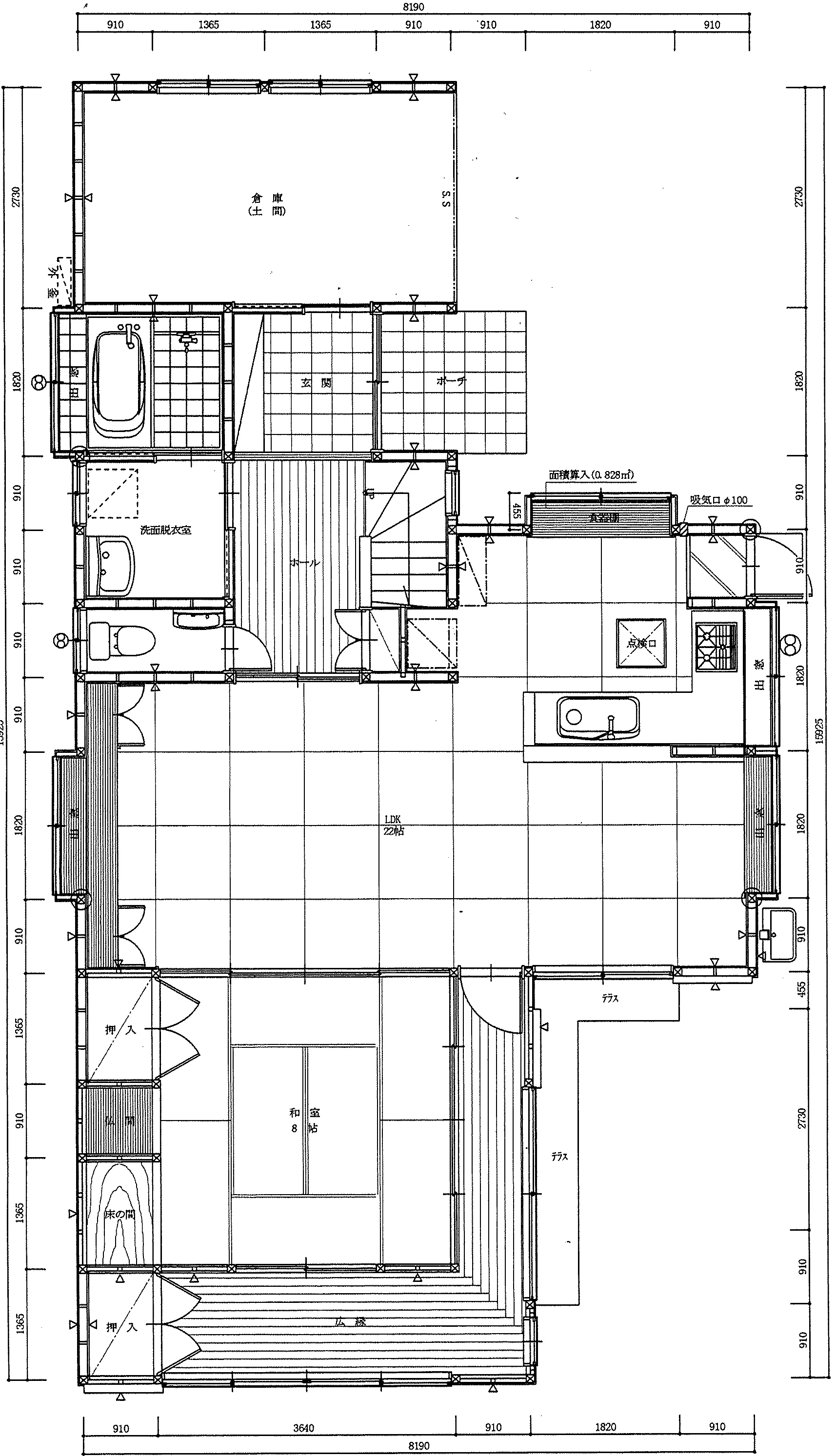 40.32坪 LDK22帖 + 和室8帖 + 倉庫 (東玄関) 1F 平面図原本