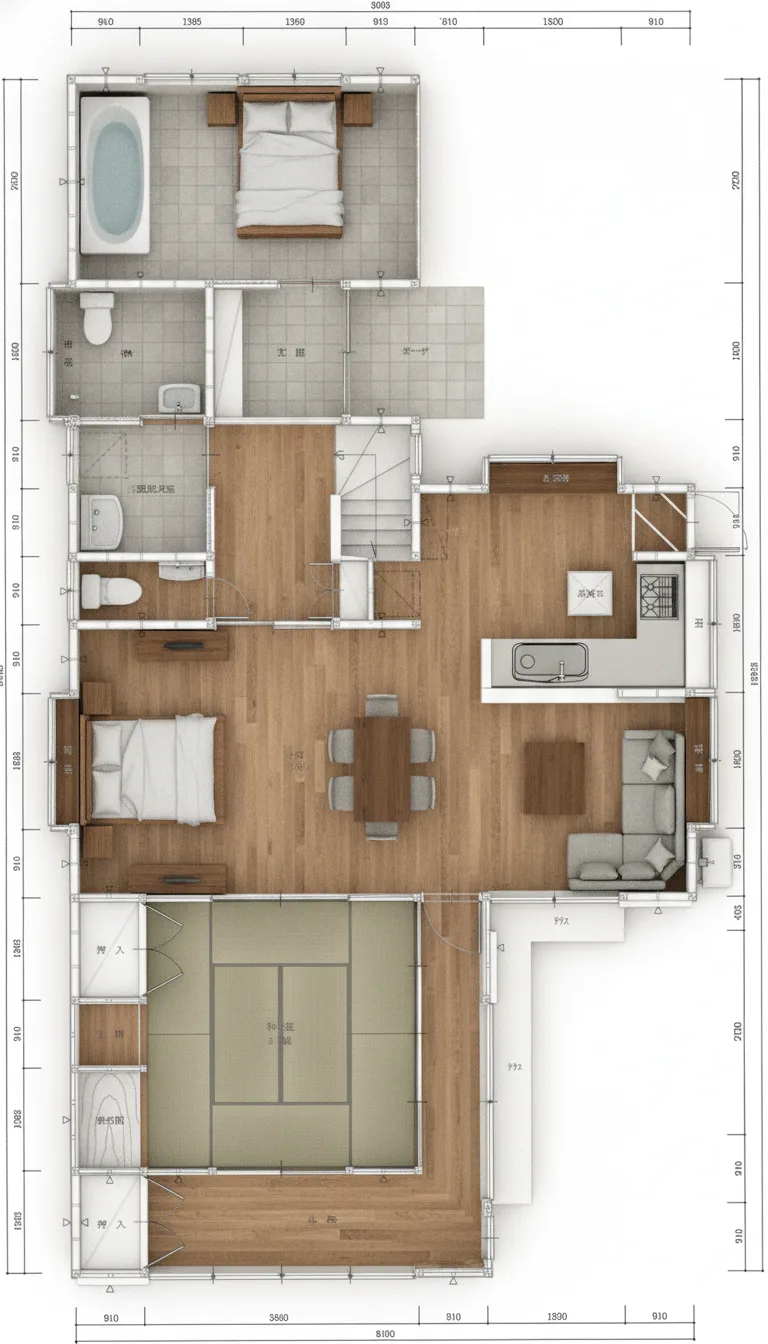 40.32坪 LDK22帖 + 和室8帖 + 倉庫 (東玄関) 3Dパース鳥瞰