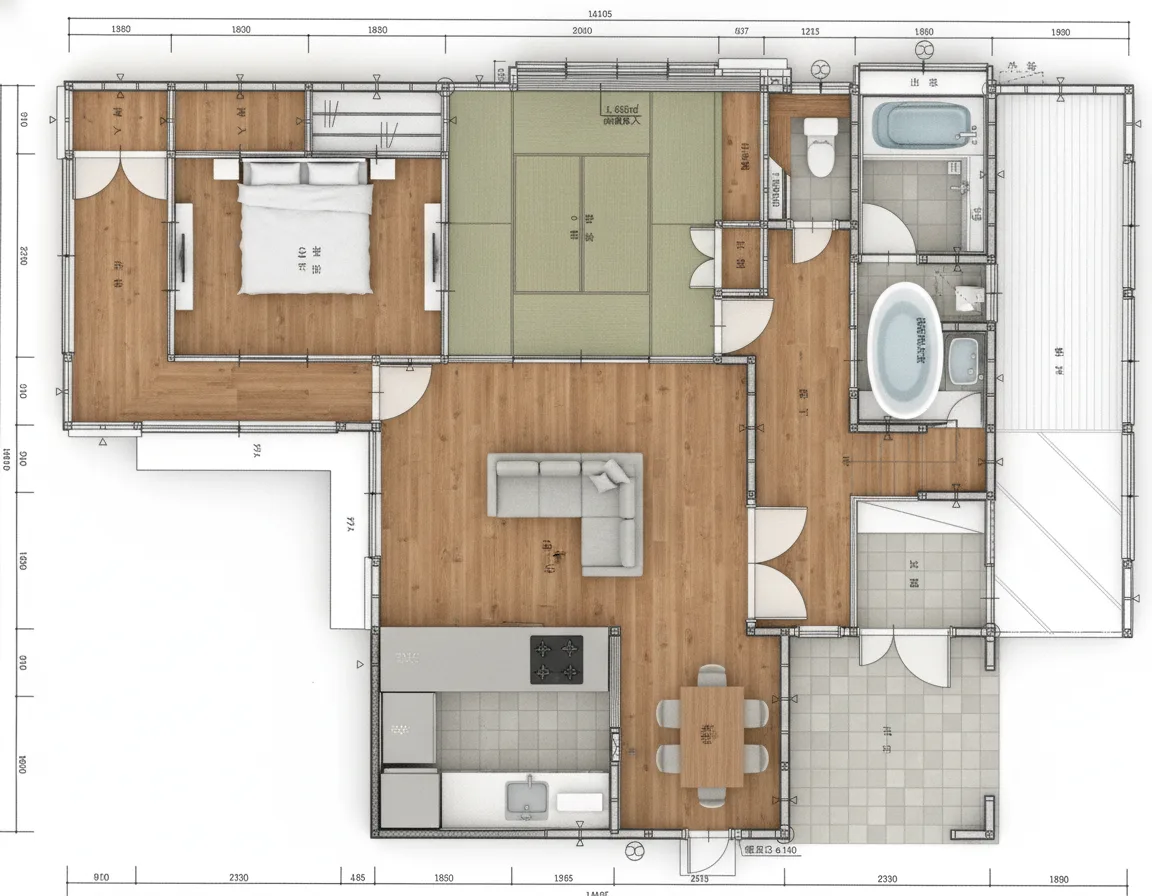 52.03坪 5LDK + 小屋裏収納 (東玄関) 3Dパース鳥瞰