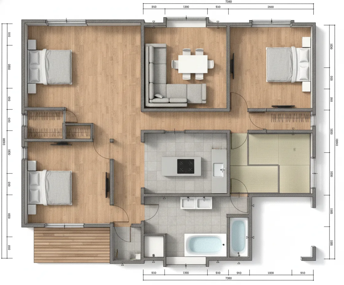 52.03坪 5LDK + 小屋裏収納 (東玄関) 2F 3Dパース鳥瞰