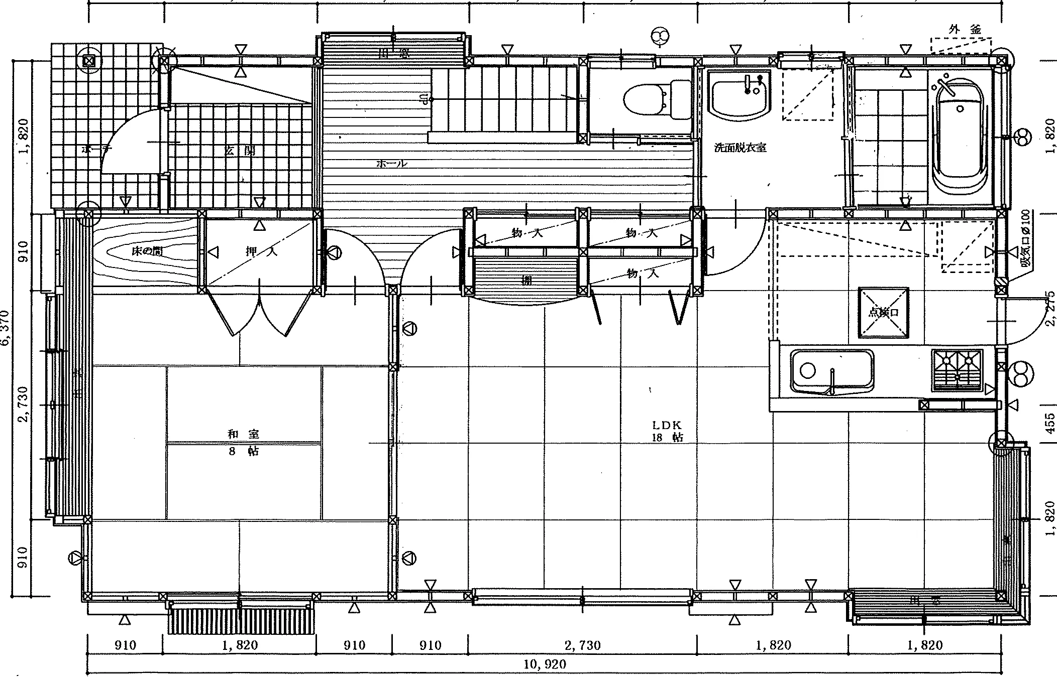 35.56坪 5LDK（和室8帖、和室6帖、洋室6帖×2、洋室12帖） (西玄関) 1F 平面図原本