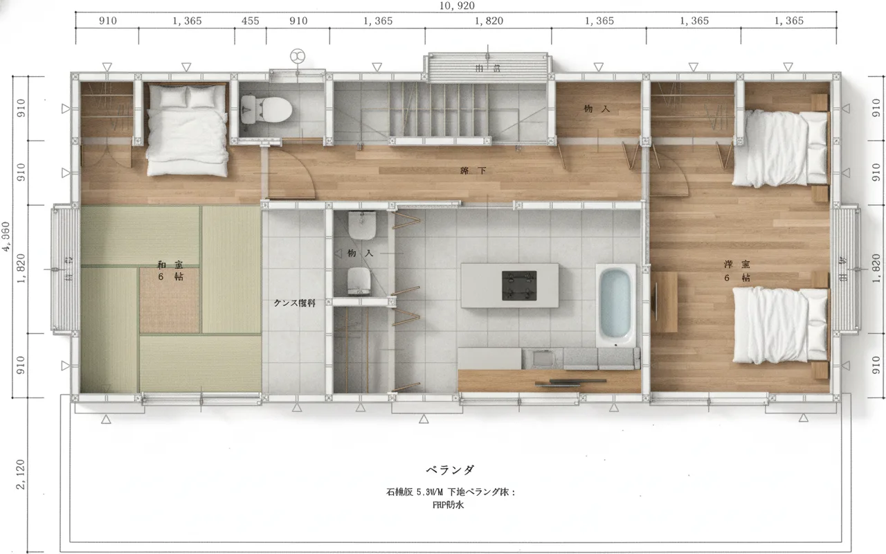 35.56坪 5LDK（和室8帖、和室6帖、洋室6帖×2、洋室12帖） (西玄関) 2F 3Dパース鳥瞰