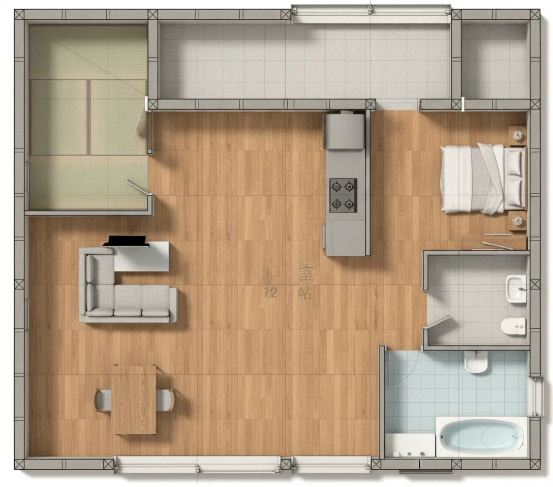 35.56坪 5LDK（和室8帖、和室6帖、洋室6帖×2、洋室12帖） (西玄関) 小屋裏 3Dパース鳥瞰
