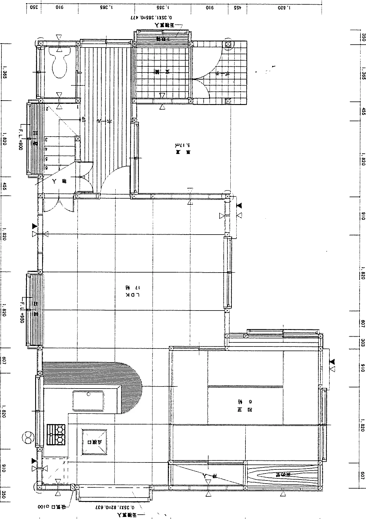 32.02坪 3LDK + 和室6帖 (南玄関) 1F 平面図原本