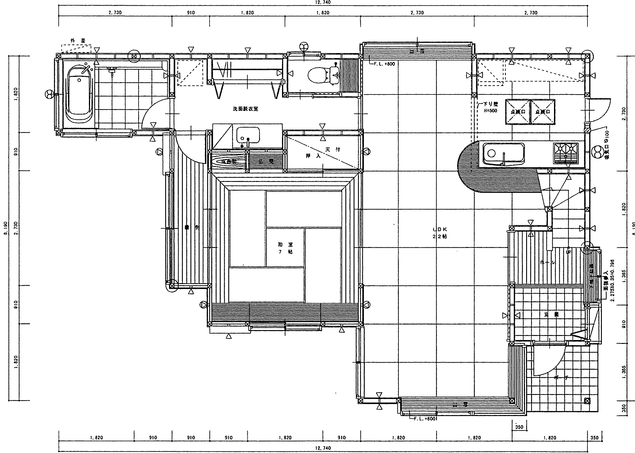 43.82坪 LDK 22帖 + 和室 7帖 (西玄関) 1F 平面図原本