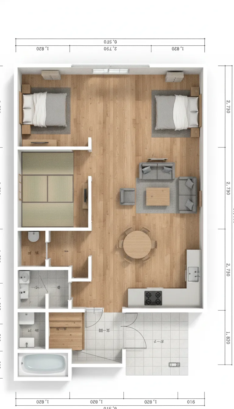 42.95坪 2LDK + 和室4.5帖 + 納戸 + ビルトインガレージ (東玄関) 3Dパース鳥瞰