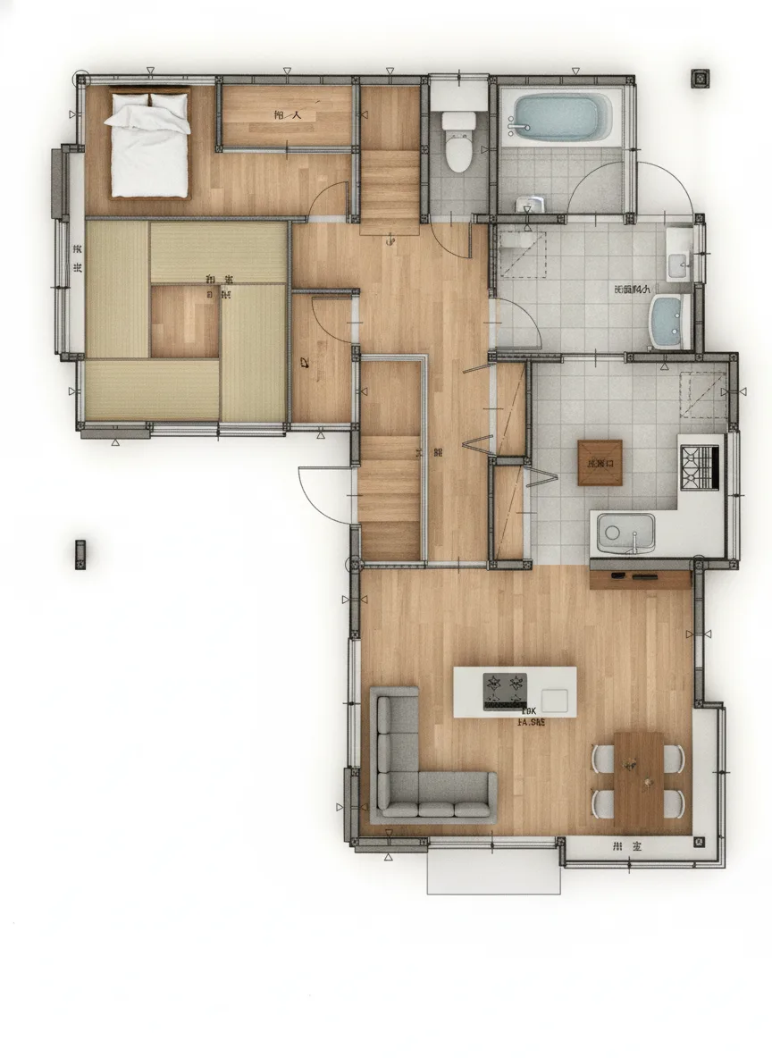 34.31坪 4LDK + 小屋裏収納 (東玄関) 3Dパース鳥瞰