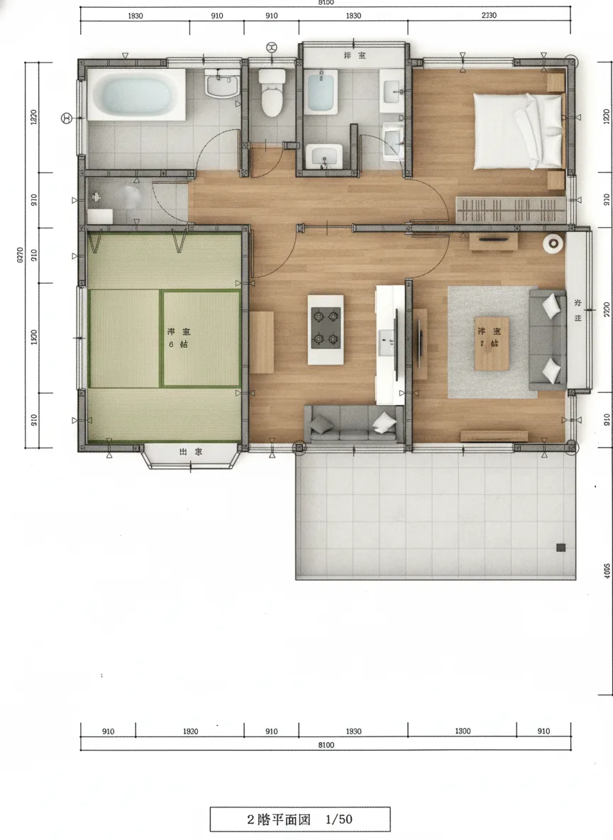 34.31坪 4LDK + 小屋裏収納 (東玄関) 2F 3Dパース鳥瞰