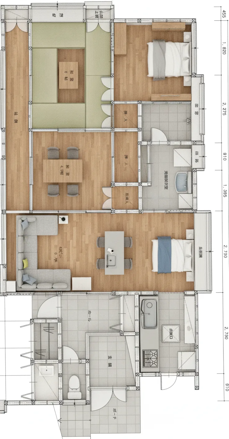 52.65坪 1F: 洋室6帖 + 和室6帖 + 和室4.5帖 + リビング6帖 + DK (南玄関) 3Dパース鳥瞰