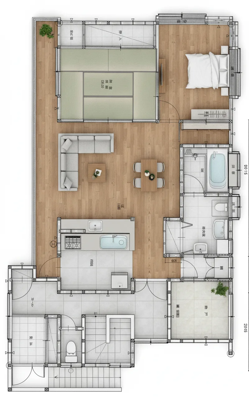 25.4坪 2LDK+S（和室6帖×2、LD14帖、厨房、納戸） (西玄関) 3Dパース鳥瞰