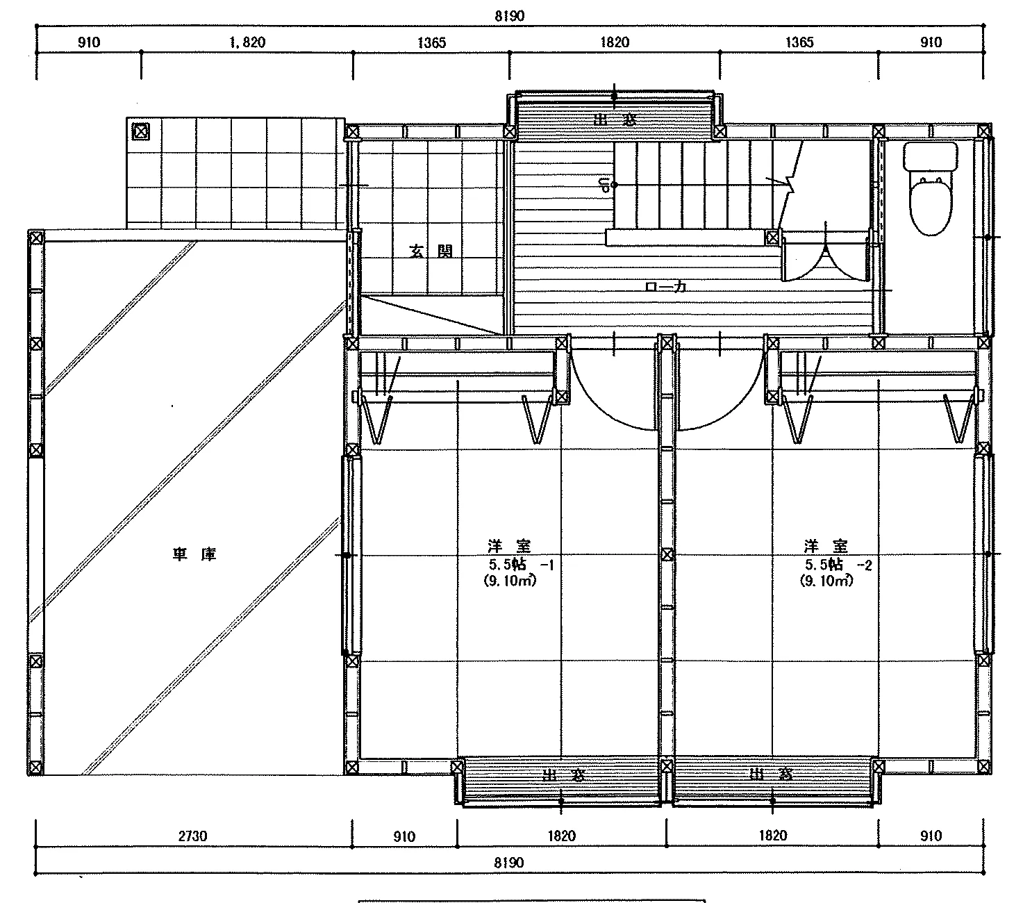 29.8坪 3LDK + ビルトインガレージ (西玄関) 1F 平面図原本