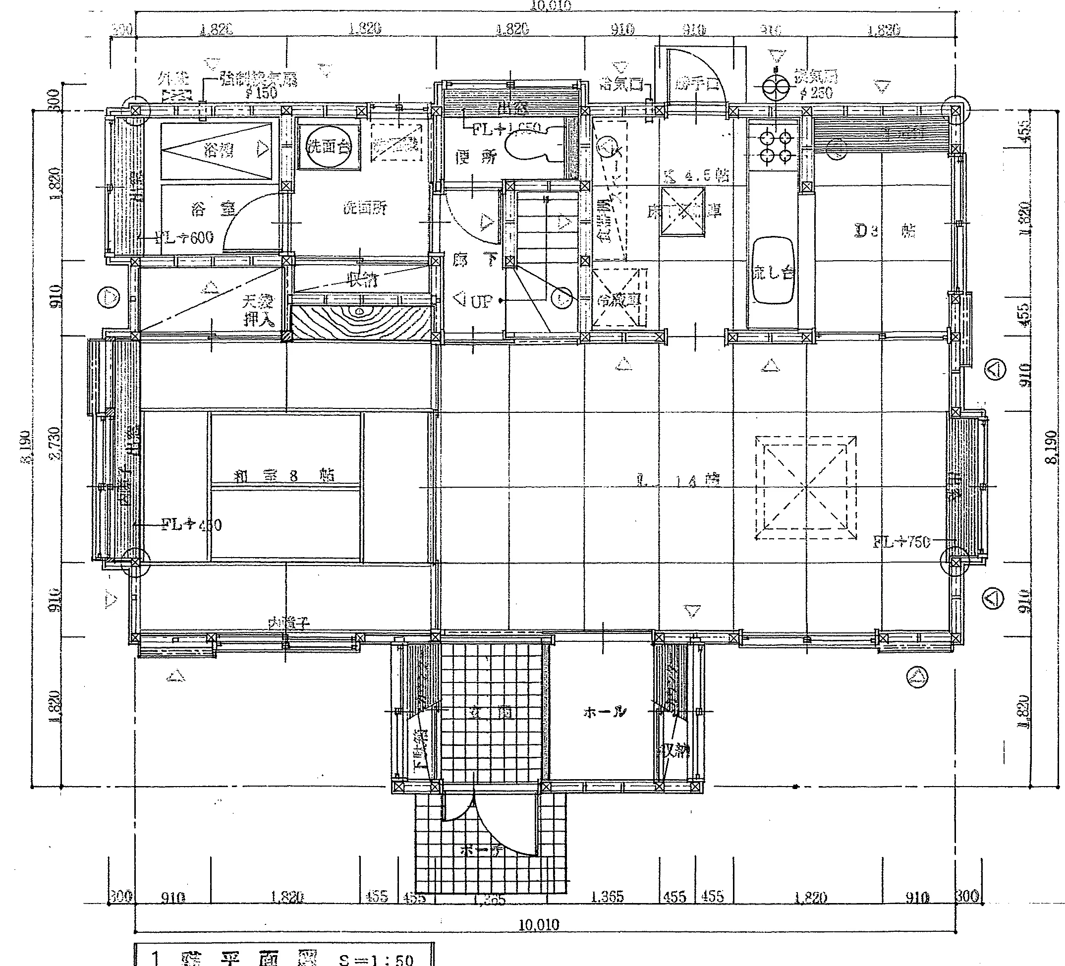 38.5坪 4LDK + 和室8帖×2 (南玄関) 1F 平面図原本