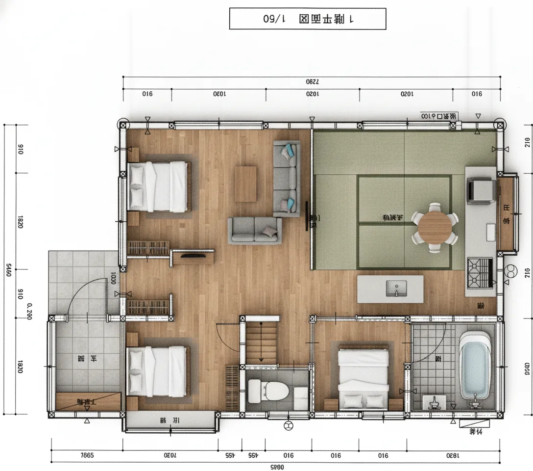 25.04坪 2LDK（洋室6帖、和室6帖） (東玄関) 3Dパース鳥瞰