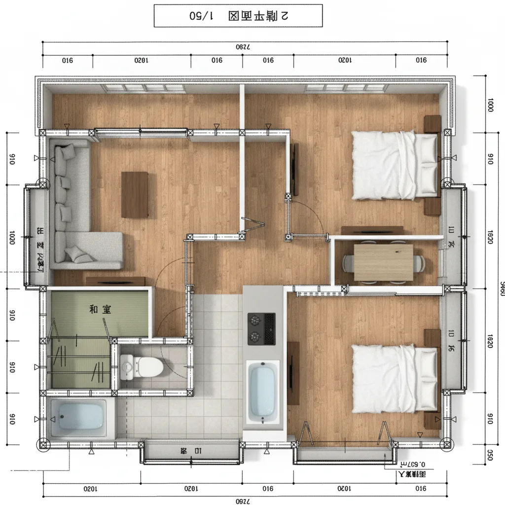 25.04坪 2LDK（洋室6帖、和室6帖） (東玄関) 2F 3Dパース鳥瞰