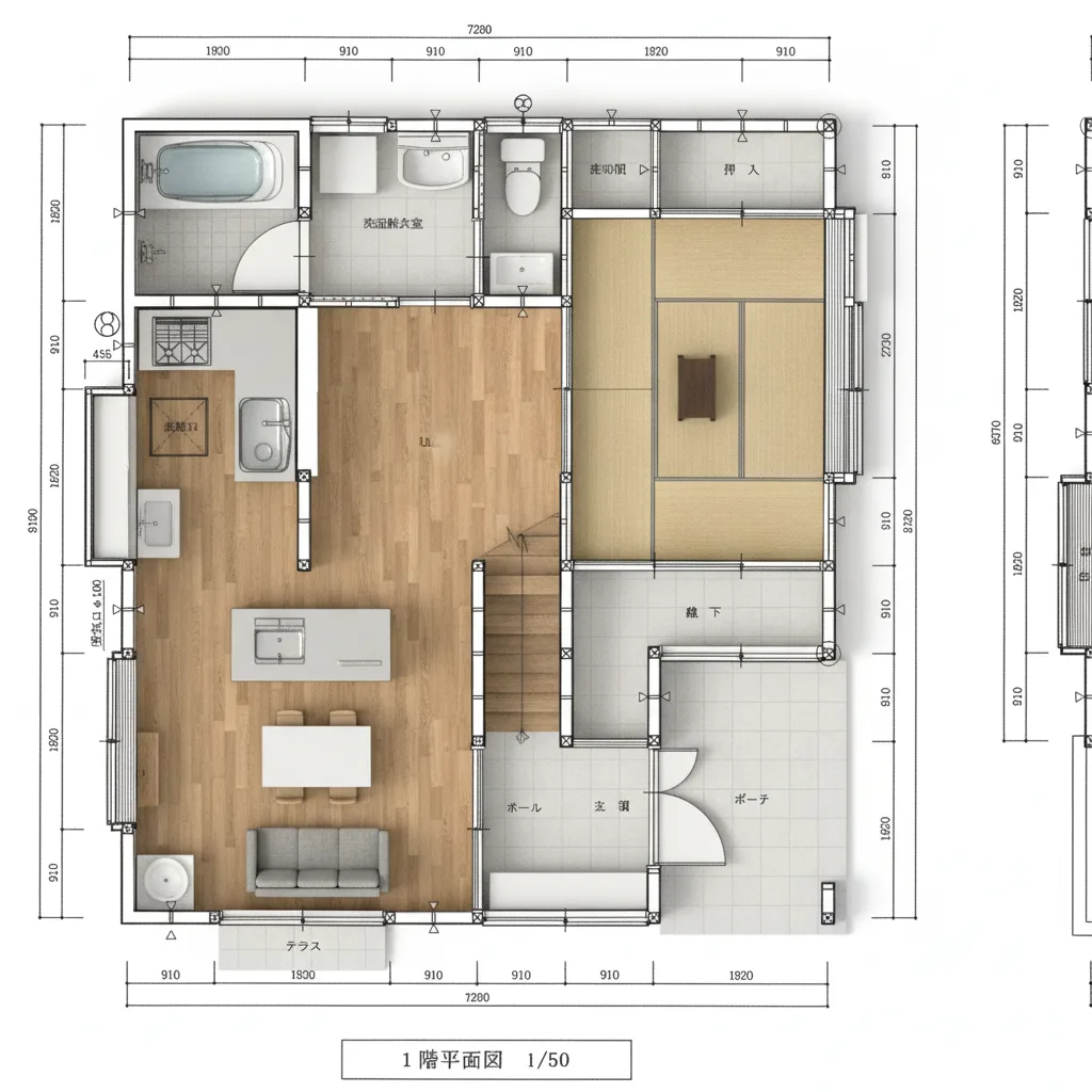 29.8坪 4LDK (東玄関) 3Dパース鳥瞰