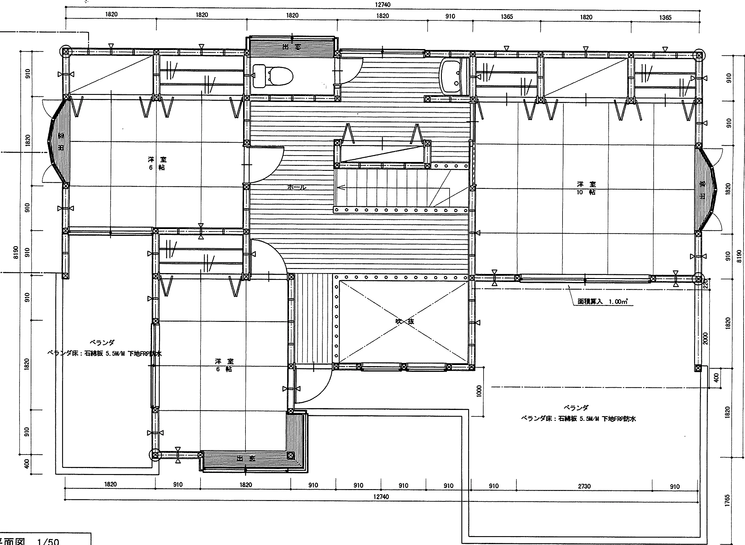 54.53坪 5LDK（LDK25帖 + 和室8帖×2 + 洋室10帖 + 洋室6帖×2） (南玄関) 2F 平面図原本