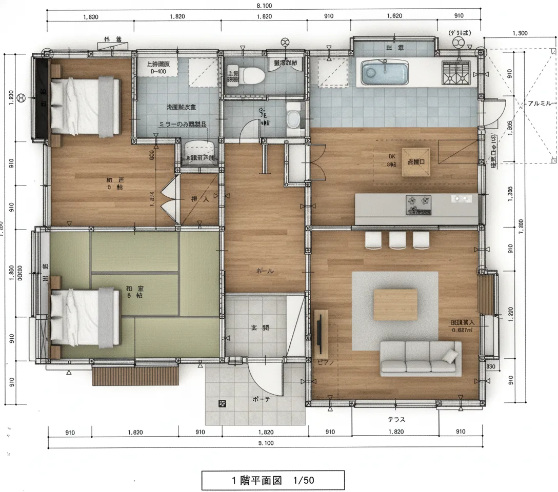 33.75坪 4LDK（LDK14帖、和室8帖、洋室8帖、洋室6帖、家事室/洋室4帖） (南玄関) 3Dパース鳥瞰