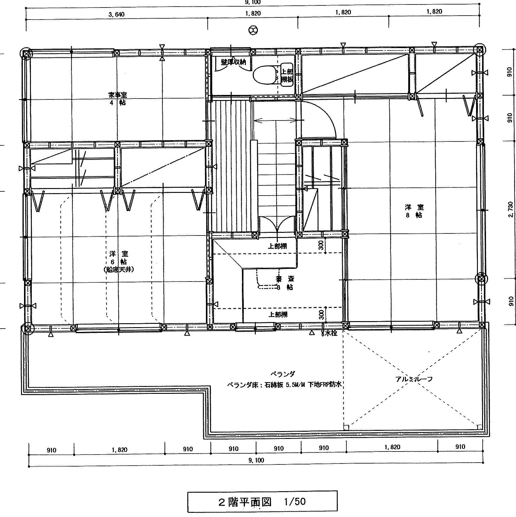 33.75坪 4LDK（LDK14帖、和室8帖、洋室8帖、洋室6帖、家事室/洋室4帖） (南玄関) 2F 平面図原本
