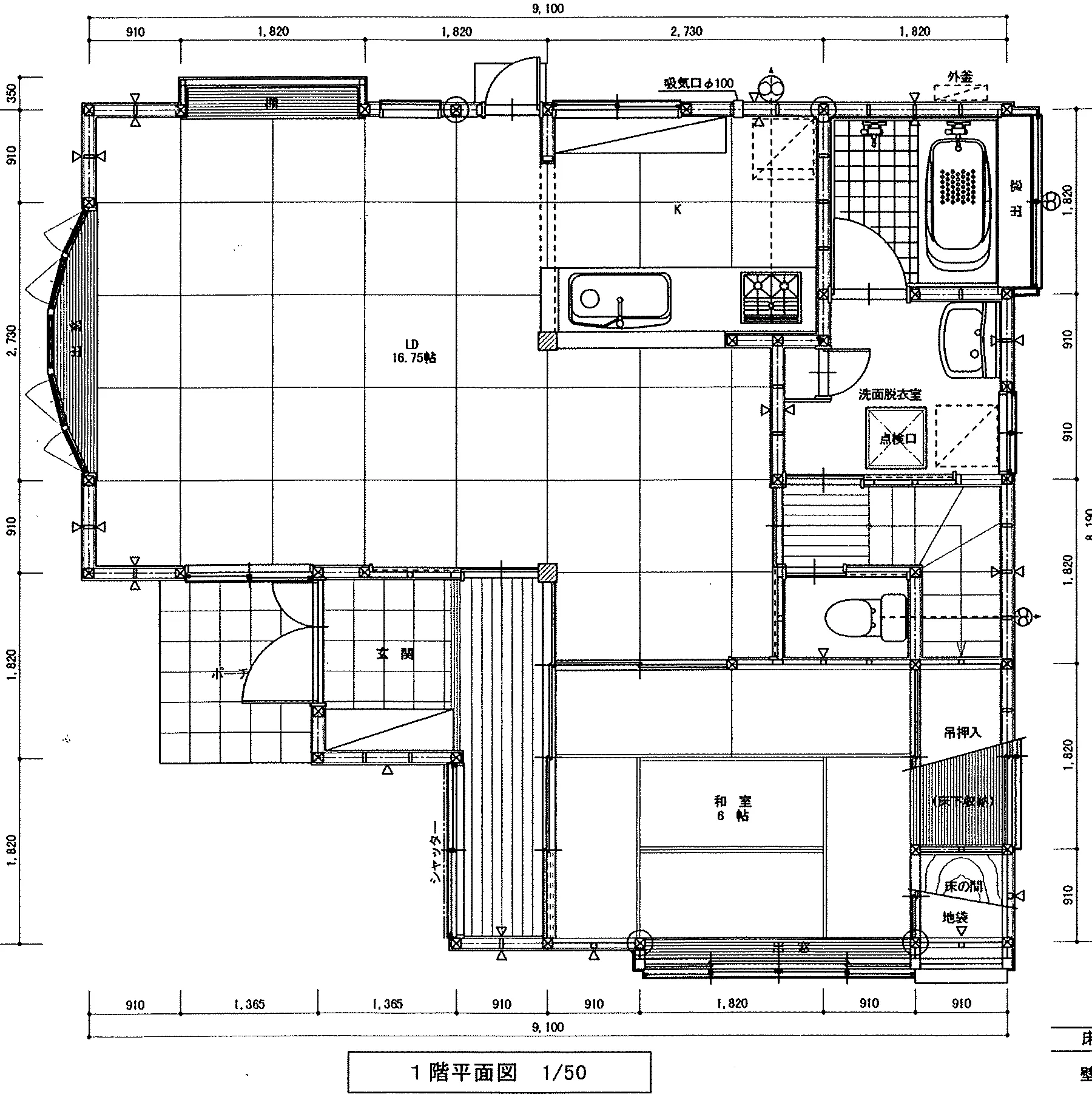 33.0坪 3LDK + 小屋裏収納 (西玄関) 1F 平面図原本