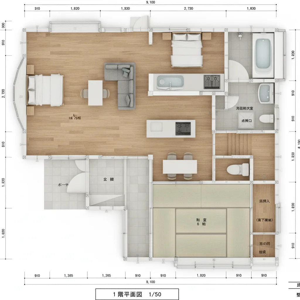 33.0坪 3LDK + 小屋裏収納 (西玄関) 3Dパース鳥瞰