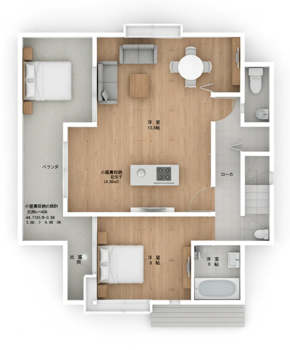 33.0坪 3LDK + 小屋裏収納 (西玄関) 2F 3Dパース鳥瞰