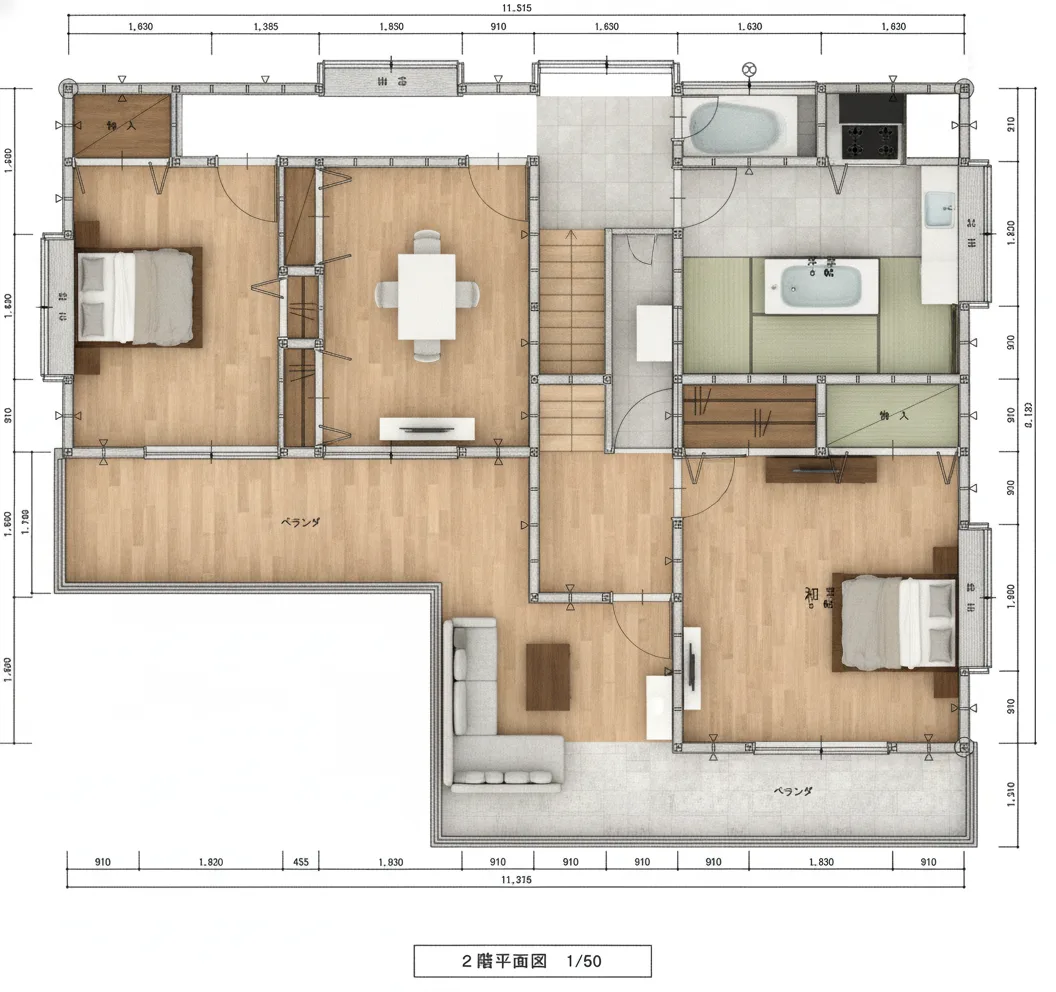 46.34坪 5LDK + 小屋裏収納 (南玄関) 2F 3Dパース鳥瞰