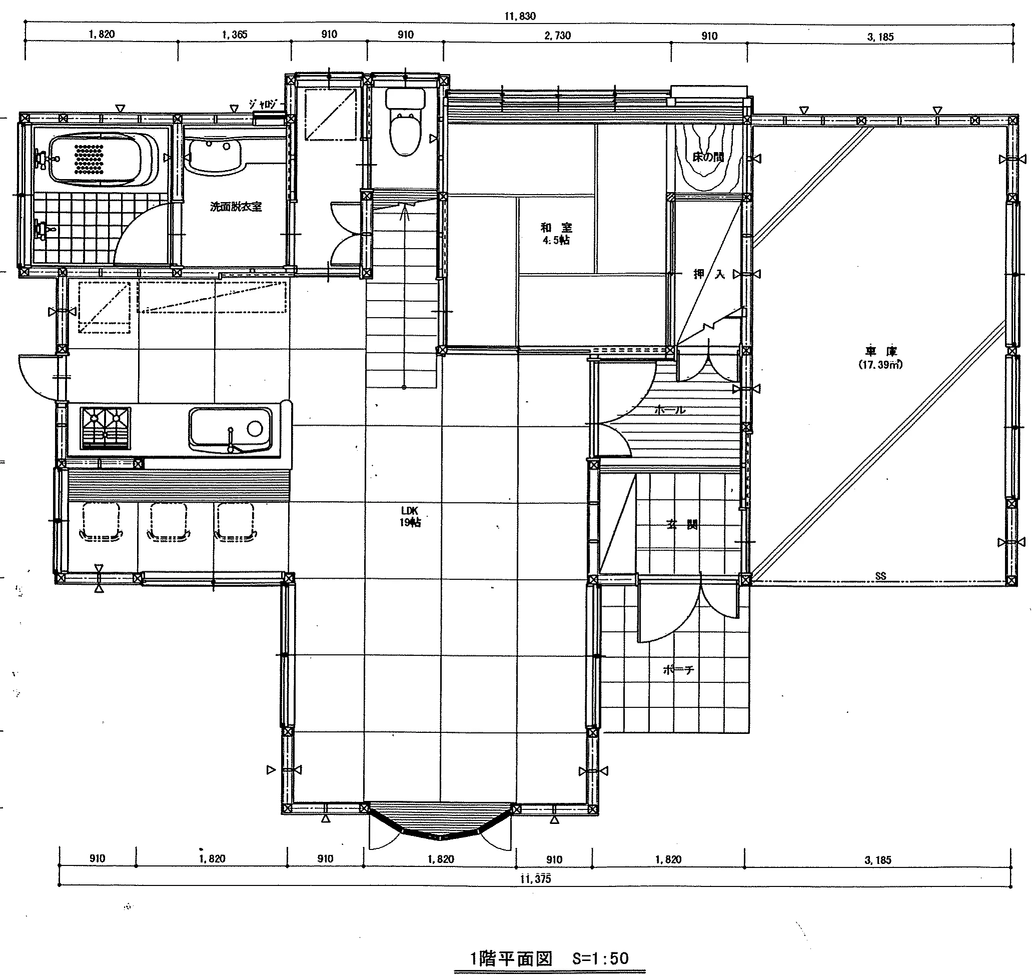 31.4坪 2LDK+S（書斎）+ビルトインガレージ (南玄関) 1F 平面図原本