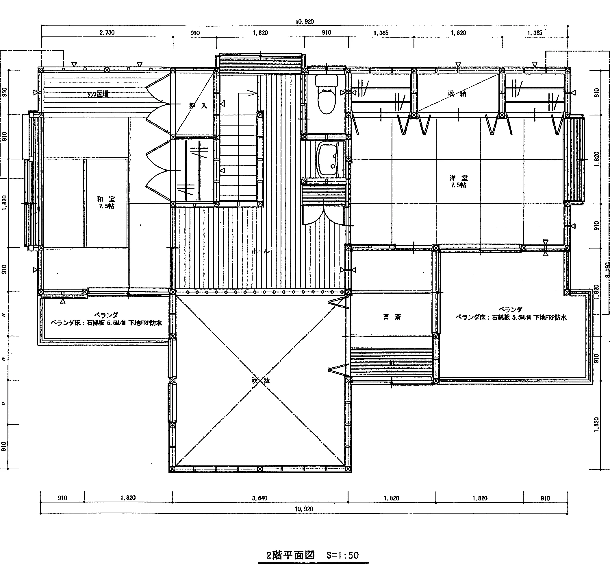 31.4坪 2LDK+S（書斎）+ビルトインガレージ (南玄関) 2F 平面図原本